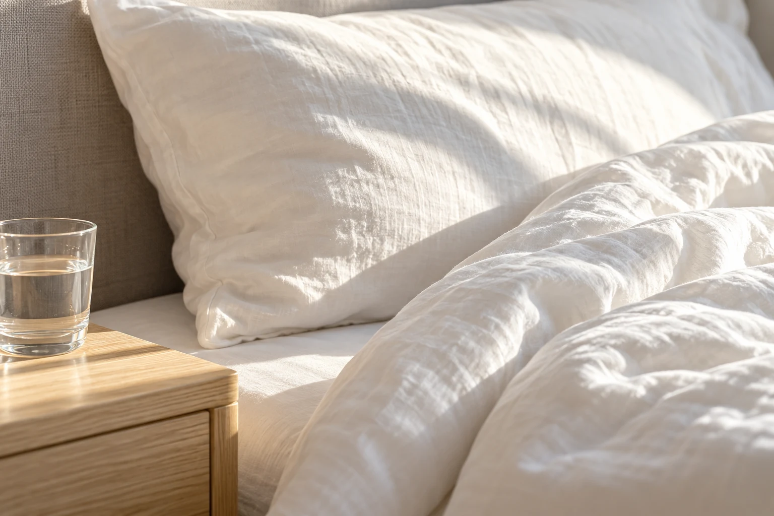 Helles Bett mit weißer Bettwäsche im Morgenlicht