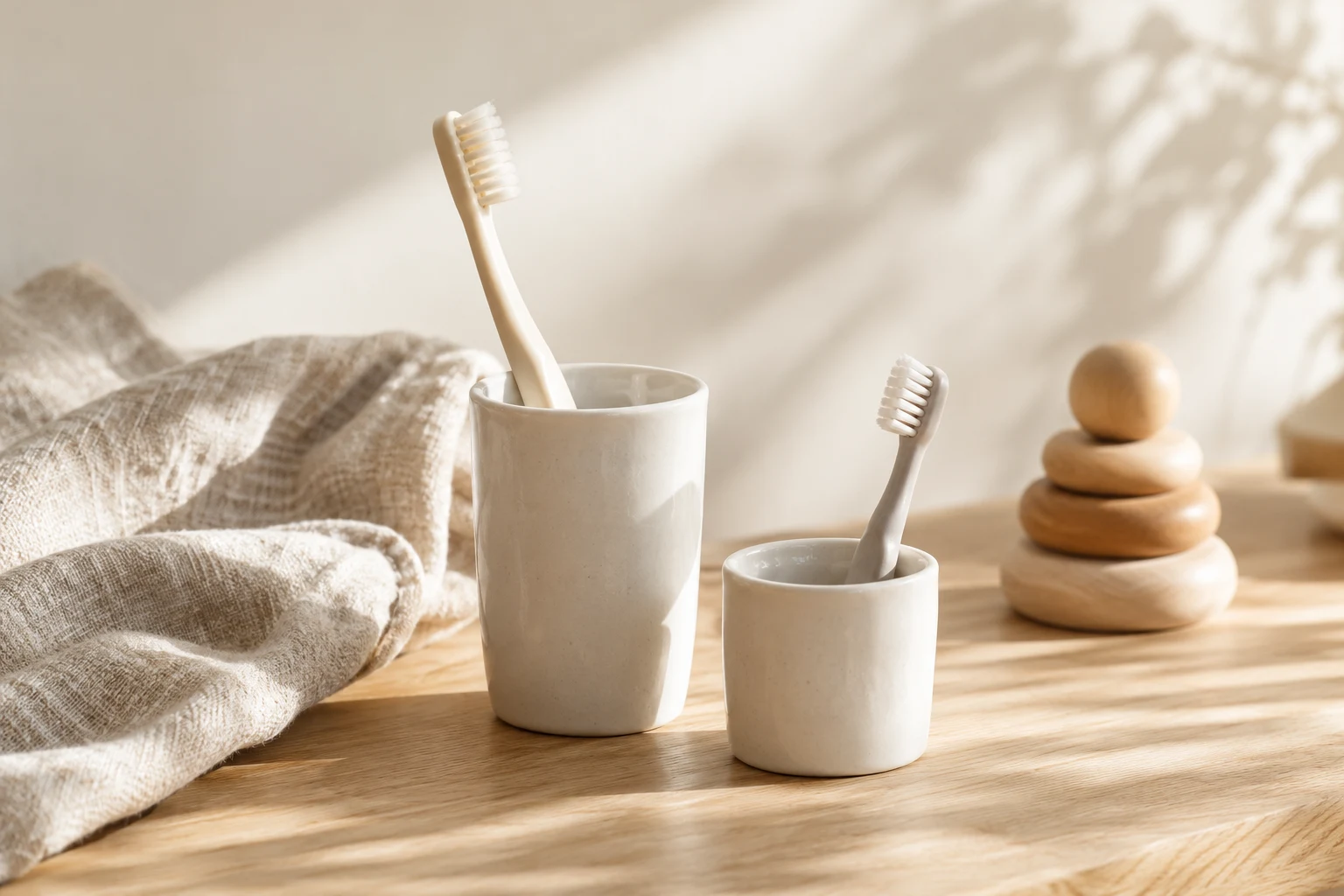 Zahnbürsten für Erwachsene und Kinder neben einem Holzspielzeug