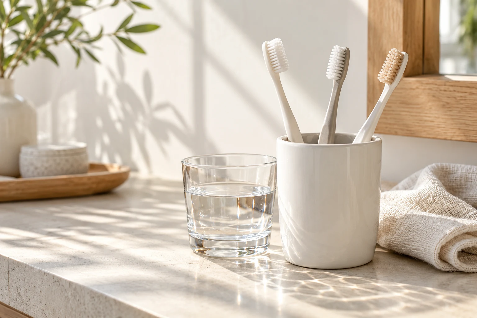Zahnbürsten und Wasserglas im warmen Tageslicht
